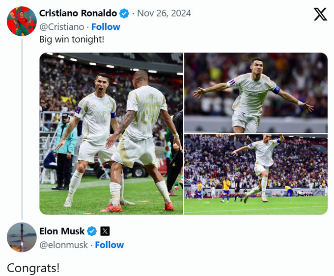 Ronaldo nhận lời chúc mừng từ Elon Musk