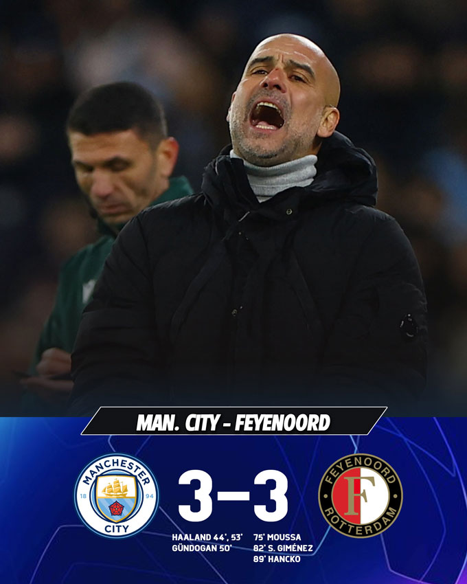 Man City bị Feyenoord cầm hòa 3-3 dù dẫn trước 3-0 tới tận phút 75